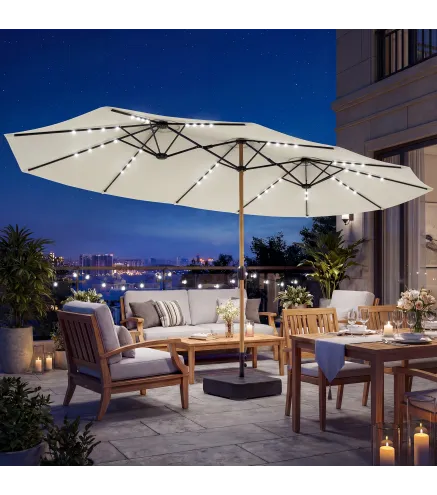 Sombrilla Doble de Jardín 4,6x2,6 m con 48 Luces LED Base Incluida Manivela Sacos de Arena Anti-UV Crema