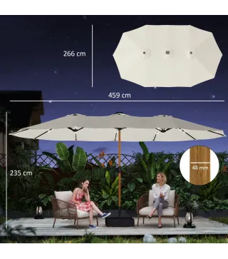 Sombrilla Doble de Jardín 4,6x2,6 m con 48 Luces LED Base Incluida Manivela Sacos de Arena Anti-UV Crema