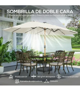 Sombrilla Doble de Jardín 4,6x2,6 m con 48 Luces LED Base Incluida Manivela Sacos de Arena Anti-UV Crema