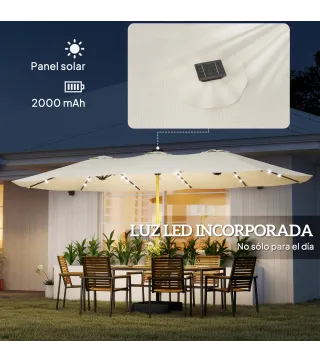 Sombrilla Doble de Jardín 4,6x2,6 m con 48 Luces LED Base Incluida Manivela Sacos de Arena Anti-UV Crema