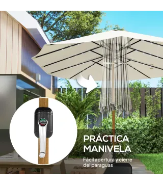 Sombrilla Doble de Jardín 4,6x2,6 m con 48 Luces LED Base Incluida Manivela Sacos de Arena Anti-UV Crema
