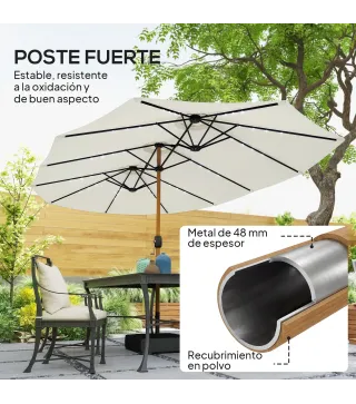 Sombrilla Doble de Jardín 4,6x2,6 m con 48 Luces LED Base Incluida Manivela Sacos de Arena Anti-UV Crema