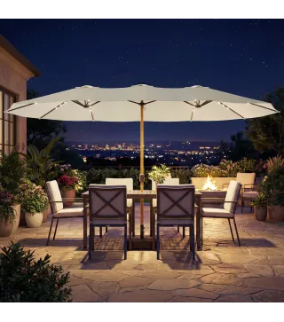 Sombrilla Doble de Jardín 4,6x2,6 m con 48 Luces LED Base Incluida Manivela Sacos de Arena Anti-UV Crema