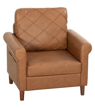 Sofá Individual Tapizado en PU Cojín Grueso Respaldo con Costuras Patas de Madera Maciza Marrón