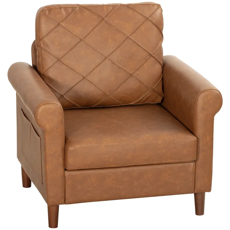 Sofá Individual Tapizado en PU Cojín Grueso Respaldo con Costuras Patas de Madera Maciza Marrón