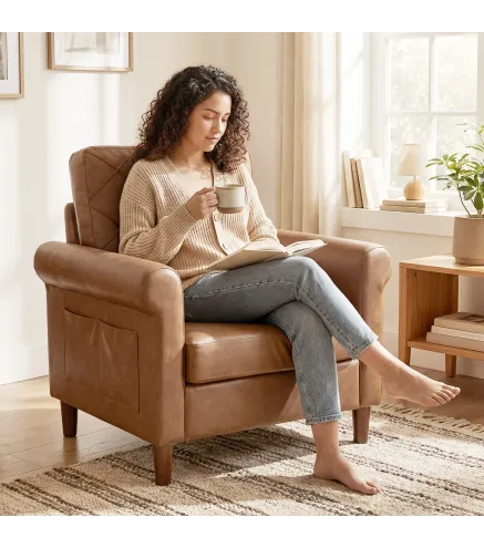 Sofá Individual Tapizado en PU Cojín Grueso Respaldo con Costuras Patas de Madera Maciza Marrón