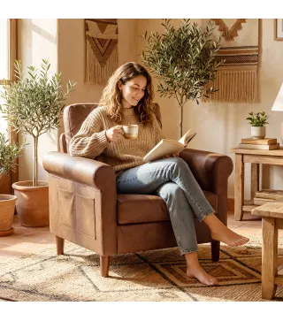 Sofá Individual Tapizado en PU Cojín Grueso Respaldo con Costuras Patas de Madera Maciza Marrón