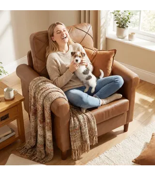 Sofá Individual Tapizado en PU Cojín Grueso Respaldo con Costuras Patas de Madera Maciza Marrón