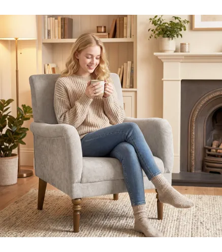 Sofá Individual Tapizado en Lino Reposabrazos Estilizados Patas de Madera Maciza Acolchado Grueso Gris