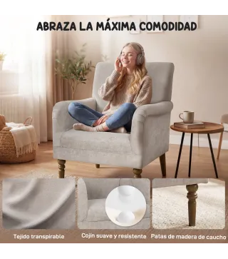 Sofá Individual Tapizado en Lino Reposabrazos Estilizados Patas de Madera Maciza Acolchado Grueso Gris