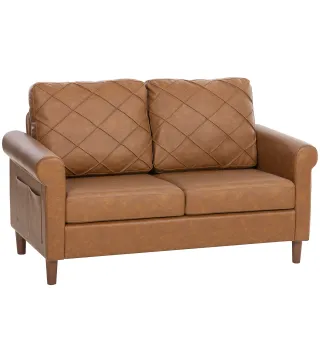 Sofá de 2 Plazas de PU con Patas de Madera Respaldo con Costuras Sofá Moderno para Salón Dormitorio Marrón