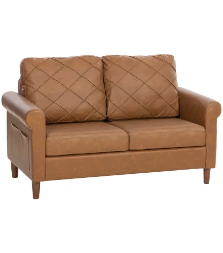 Sofá de 2 Plazas de PU con Patas de Madera Respaldo con Costuras Sofá Moderno para Salón Dormitorio Marrón