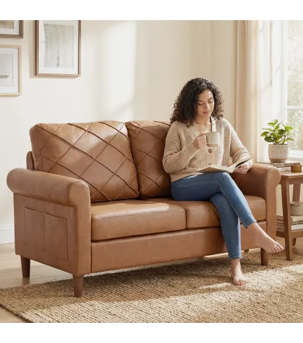 Sofá de 2 Plazas de PU con Patas de Madera Respaldo con Costuras Sofá Moderno para Salón Dormitorio Marrón
