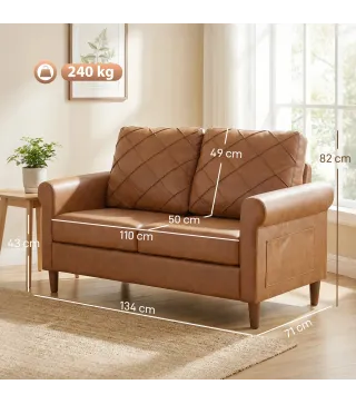 Sofá de 2 Plazas de PU con Patas de Madera Respaldo con Costuras Sofá Moderno para Salón Dormitorio Marrón