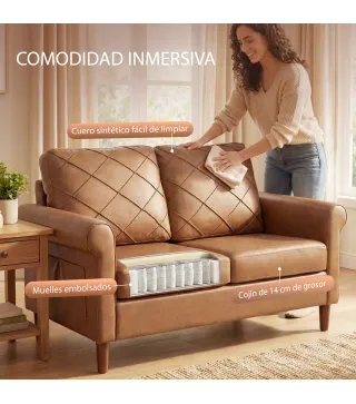 Sofá de 2 Plazas de PU con Patas de Madera Respaldo con Costuras Sofá Moderno para Salón Dormitorio Marrón