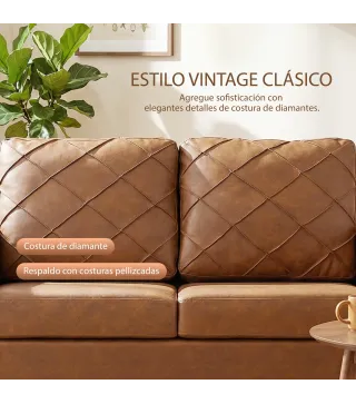 Sofá de 2 Plazas de PU con Patas de Madera Respaldo con Costuras Sofá Moderno para Salón Dormitorio Marrón