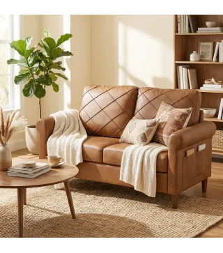 Sofá de 2 Plazas de PU con Patas de Madera Respaldo con Costuras Sofá Moderno para Salón Dormitorio Marrón