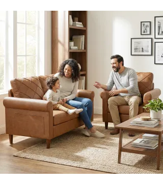 Sofá de 2 Plazas de PU con Patas de Madera Respaldo con Costuras Sofá Moderno para Salón Dormitorio Marrón