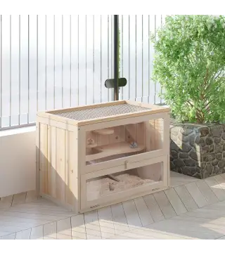 Jaula para Hámster de Madera de 2 Niveles Casa para Animales Pequeños con Plataformas Escaleras 60x35x42 cm Madera Natural