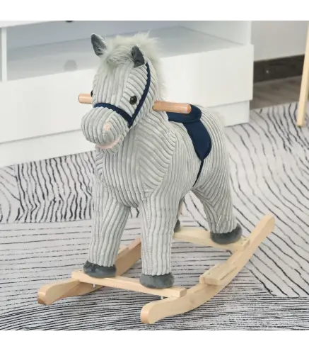 Caballito Balancín Infantil para Niños de +3 Años Caballo Mecedora de Felpa con Sonidos de Relincho y Galope Base de Madera Carg
