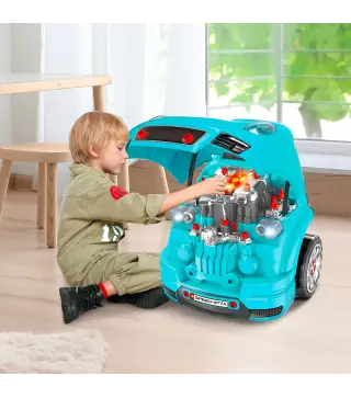 Juego Infantil de Motor con Herramientas 61 Piezas Volante Bocina Faros Caja de Almacenaje y Ruedas 40x39x47 cm Turquesa