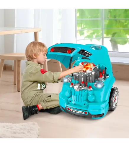 Juego Infantil de Motor con Herramientas 61 Piezas Volante Bocina Faros Caja de Almacenaje y Ruedas 40x39x47 cm Turquesa