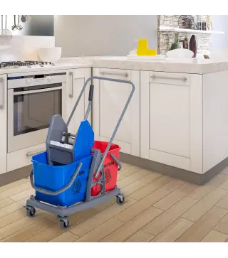 Carro de Limpieza Profesional Carro de Fregado de Metal con 2 Cubos de 25 Litros Extraíbles Escurridor Prensa Manual y 4