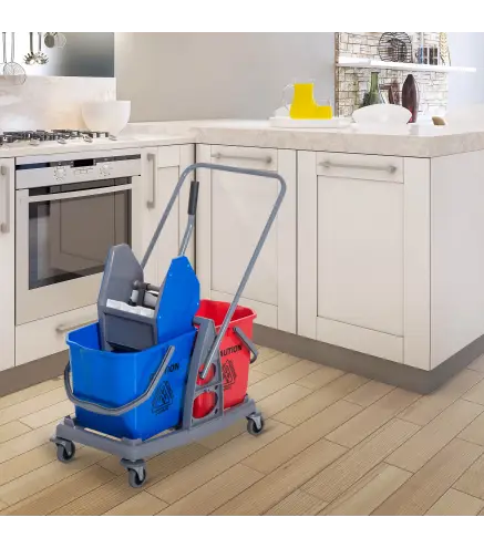 Carro de Limpieza Profesional Carro de Fregado de Metal con 2 Cubos de 25 Litros Extraíbles Escurridor Prensa Manual y 4