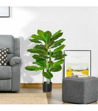 Planta Artificial Hoja Perenne Altura 95 cm con 33 Hojas Realistas en Maceta de Cemento Árbol Artificial para Interior D