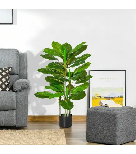 Planta Artificial Hoja Perenne Altura 95 cm con 33 Hojas Realistas en Maceta de Cemento Árbol Artificial para Interior D