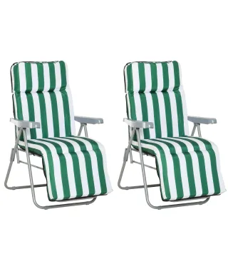 2 Tumbonas de Jardín de Acero con Cojín Acolchado Respaldo Ajustable y Reposapiés 60x75x66-102 cm Rayas Verde