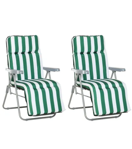 2 Tumbonas de Jardín de Acero con Cojín Acolchado Respaldo Ajustable y Reposapiés 60x75x66-102 cm Rayas Verde