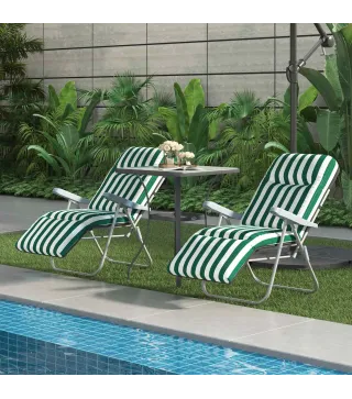 2 Tumbonas de Jardín de Acero con Cojín Acolchado Respaldo Ajustable y Reposapiés 60x75x66-102 cm Rayas Verde