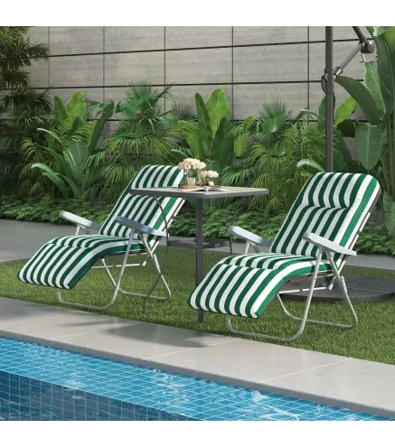 2 Tumbonas de Jardín de Acero con Cojín Acolchado Respaldo Ajustable y Reposapiés 60x75x66-102 cm Rayas Verde