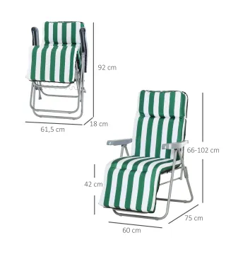 2 Tumbonas de Jardín de Acero con Cojín Acolchado Respaldo Ajustable y Reposapiés 60x75x66-102 cm Rayas Verde