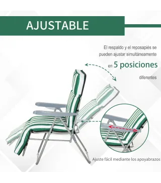 2 Tumbonas de Jardín de Acero con Cojín Acolchado Respaldo Ajustable y Reposapiés 60x75x66-102 cm Rayas Verde