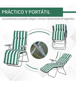 2 Tumbonas de Jardín de Acero con Cojín Acolchado Respaldo Ajustable y Reposapiés 60x75x66-102 cm Rayas Verde