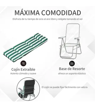 2 Tumbonas de Jardín de Acero con Cojín Acolchado Respaldo Ajustable y Reposapiés 60x75x66-102 cm Rayas Verde