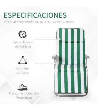 2 Tumbonas de Jardín de Acero con Cojín Acolchado Respaldo Ajustable y Reposapiés 60x75x66-102 cm Rayas Verde
