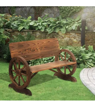 Banco de Exterior de Madera con Reposabrazos y 2 Ruedas Decorativas Estilo Rústico Carga 250 kg 114x58x80 cm Carbonizado