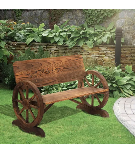 Banco de Exterior de Madera con Reposabrazos y 2 Ruedas Decorativas Estilo Rústico Carga 250 kg 114x58x80 cm Carbonizado