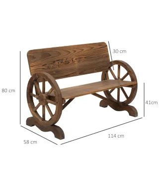 Banco de Exterior de Madera con Reposabrazos y 2 Ruedas Decorativas Estilo Rústico Carga 250 kg 114x58x80 cm Carbonizado
