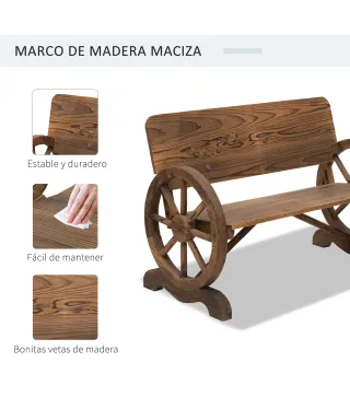 Banco de Exterior de Madera con Reposabrazos y 2 Ruedas Decorativas Estilo Rústico Carga 250 kg 114x58x80 cm Carbonizado
