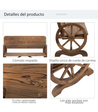 Banco de Exterior de Madera con Reposabrazos y 2 Ruedas Decorativas Estilo Rústico Carga 250 kg 114x58x80 cm Carbonizado