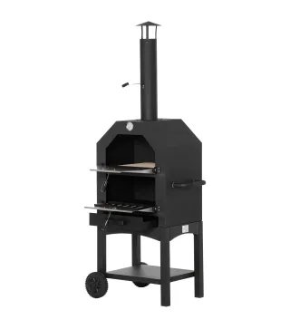 Horno de Pizza de Leña con 2 Capas Horno Exterior con Ruedas Cajón Estante de Almacenamiento 64x54x160 cm Negro