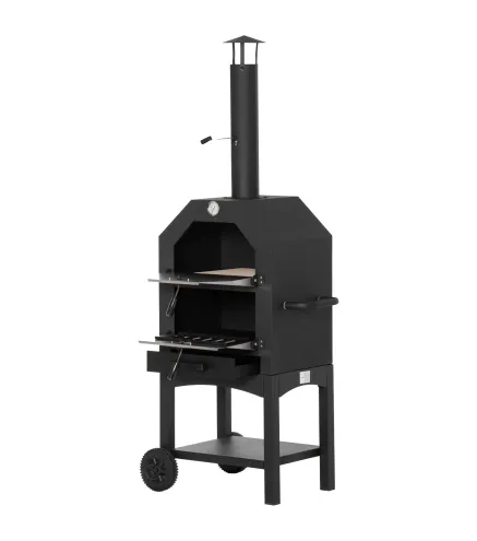 Horno de Pizza de Leña con 2 Capas Horno Exterior con Ruedas Cajón Estante de Almacenamiento 64x54x160 cm Negro
