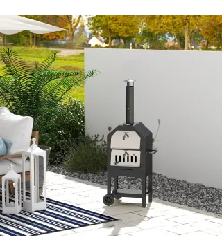 Horno de Pizza de Leña con 2 Capas Horno Exterior con Ruedas Cajón Estante de Almacenamiento 64x54x160 cm Negro