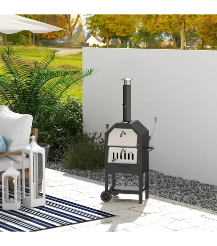 Horno de Pizza de Leña con 2 Capas Horno Exterior con Ruedas Cajón Estante de Almacenamiento 64x54x160 cm Negro