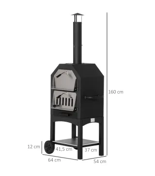 Horno de Pizza de Leña con 2 Capas Horno Exterior con Ruedas Cajón Estante de Almacenamiento 64x54x160 cm Negro