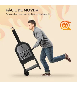 Horno de Pizza de Leña con 2 Capas Horno Exterior con Ruedas Cajón Estante de Almacenamiento 64x54x160 cm Negro